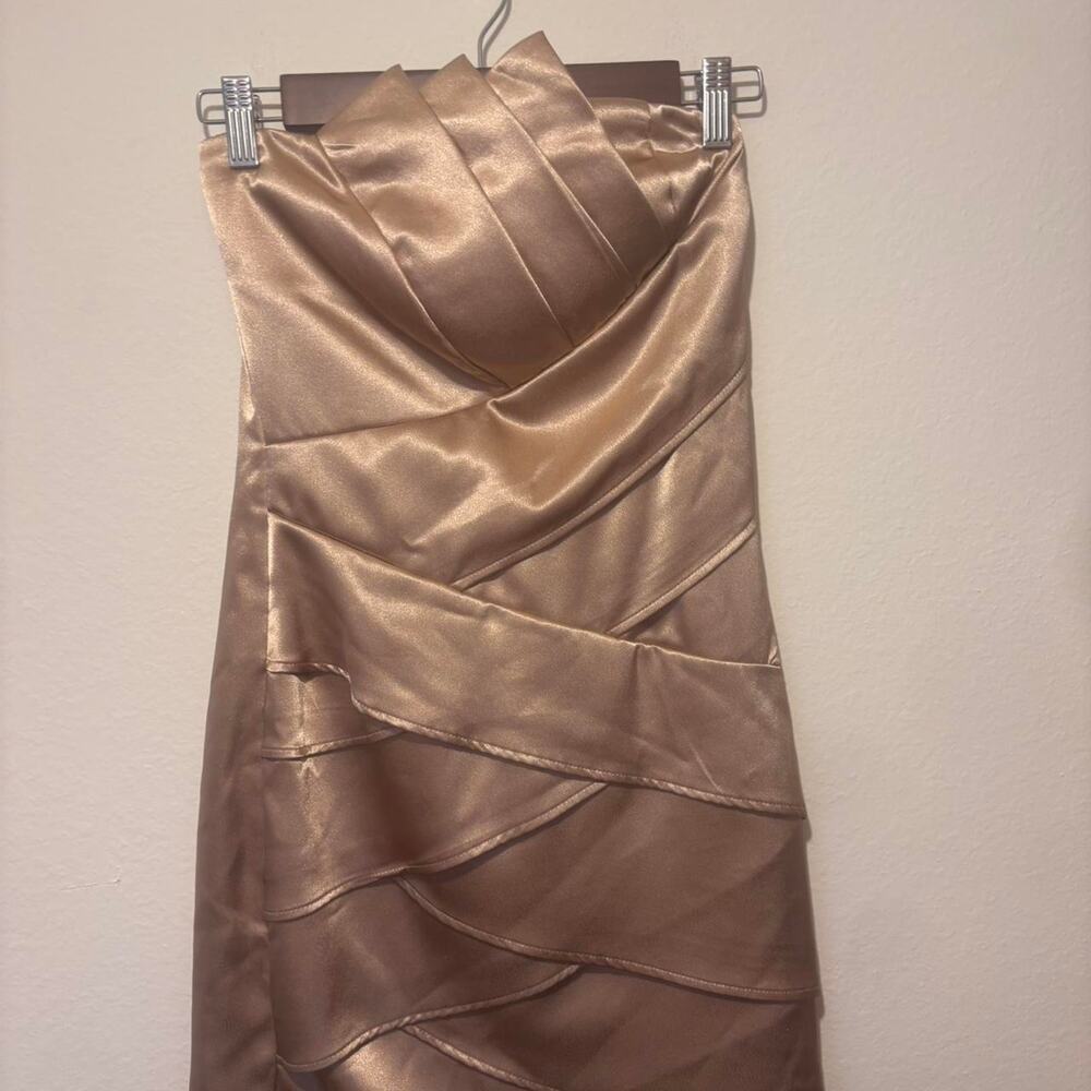 Gold satin strapless mini dress